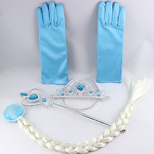 Gant et Couronne Natte et Baguette pour Princesse Reine Déguisement Enfant Fille Robe de Soirée Partie, Taille unique Bleu Gant et Couronne Natte et Baguette pour Princesse Reine Déguisement Enfant Fille Robe de Soirée Partie, Taille unique Bleu