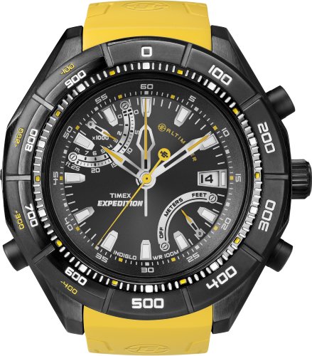 Timex - T49796 EW Altimeter -Altimètre Analogique (-120 à 7600 M) - Mouvement à 6 aiguilles - Boitier en acier et bracelet en résine jaune