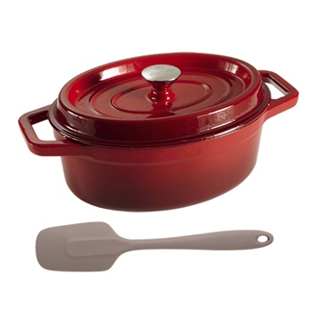 Lot cocotte en fonte rouge ovale 29 cm et cuillère en silicone taupe Lot cocotte en fonte rouge ovale 29 cm et cuillère en silicone taupe
