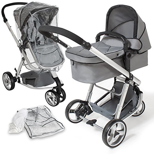 TecTake 3 en 1 poussette canne de voyage voiture d'enfants combinable poussette Baby Jogger voiture d'enfant sport gris + moustiquaire + habillage pluie