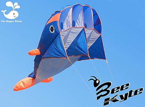 Bee-Kite Happy Whale - Cerf-volant parafoil monofil 220 x 75 cm sans assemblage en forme de baleine avec longue queue de 180 cm Bee-Kite Happy Whale - Cerf-volant parafoil monofil 220 x 75 cm sans assemblage en forme de baleine avec longue queue de 180 cm