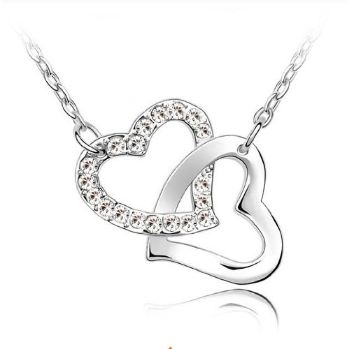 Collier coeurs entrelacés serti de cristaux Swarovski Elements plaqué en or blanc 18 carats - Cristaux couleur blanc diamant (chaine + pendentif)