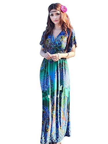 reine à la mode- Robe Bohème Floral Cou Motifs De Paon V Somme Taille Haute D'ete Robe De Plage Longue De Maxi (L, Bleu) reine à la mode- Robe Bohème Floral Cou Motifs De Paon V Somme Taille Haute D'ete Robe De Plage Longue De Maxi (L, Bleu)