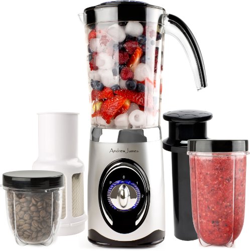 Andrew James - Blender Smoothie Maker Multifonctionnel 4 En 1 - Smoothie Maker De 1Litre, Blender + Broyeur + Centrifugeuse De 1,5 Litres - En Argent - 2 Ans Garantie