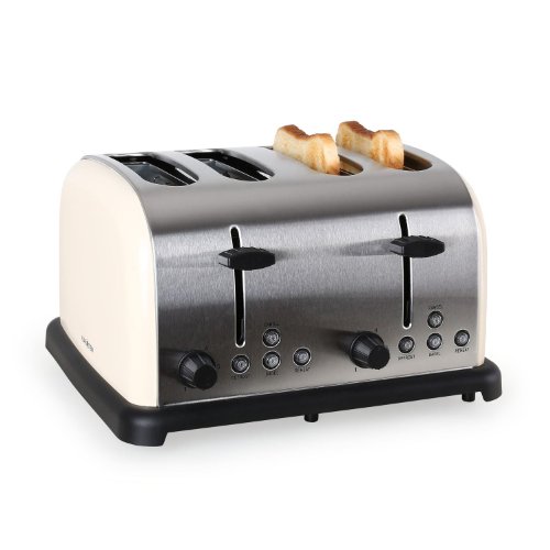 Klarstein Grille pain rétro - Toaster multifonction inox avec décongélation et plusieurs modes de cuissons (1650W, 4 fentes) - Style vintage blanc cassé
