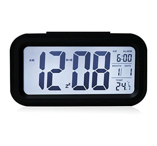 5.3 Simple d'utilisation Silencieux avec LED Alarme Horloge avec affichage de la Date-Fonction Snooze Capteur Lumière + Lampe torche (Noir, blanc, éclairage de nuit)
