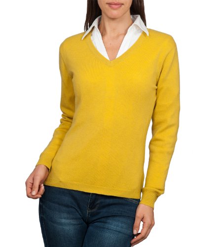 Wool Overs Pull à col V femme en cachemire et mérinos Moutarde anglaise S