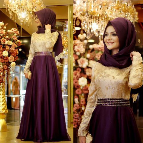2015 l'arrivée De nouveaux aubergine perlée taille Appliques manches longues musulmane robes De soirée 2015 l'arrivée De nouveaux aubergine perlée taille Appliques manches longues musulmane robes De soirée
