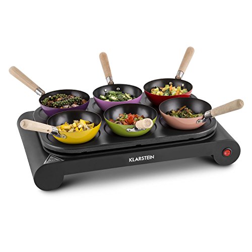 Klarstein Wok & Roll 6 - Set party woks et crêpes 1000W pour 6 personnes avec poelons colorés (Ø 29,5cm)