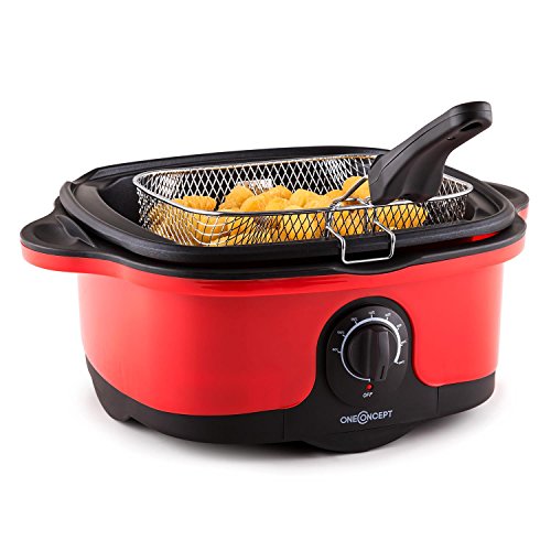 oneConcept Cooktopus - Autocuiseur multifonction 8-en-1 : cuisson vapeur, friteuse, fondue, slow-cooking... (cuve de 5l, 1500W, nombreux accessoires) - rouge