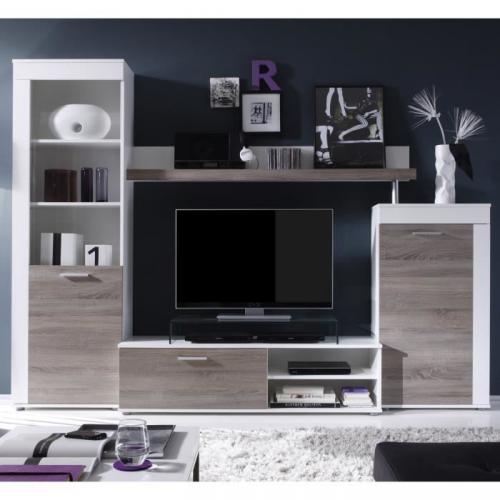 ROAD Meuble TV mural 258cm coloris chêne structuré et coloris blanc comprenant 4 éléments ROAD Meuble TV mural 258cm coloris chêne structuré et coloris blanc comprenant 4 éléments