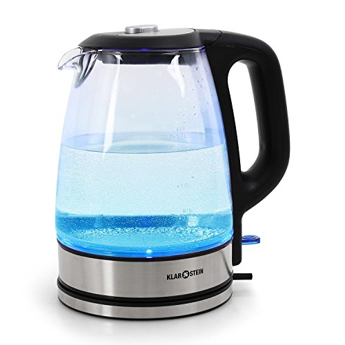 Klarstein Vita Blue Water - Bouilloire en verre avec effet de lumière LED bleu - capacité de 1,7L, 2200W de puissance, châssis verre inox
