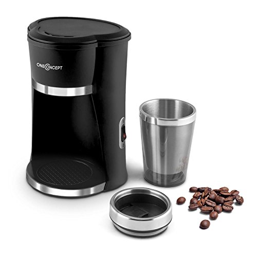 oneConcept Raffinato Nero - Mini machine à café avec gobelet isotherme pour préparation une tasse de 300ml (420W, café prêt en 4,5min, filtre permanent inclus) - noir