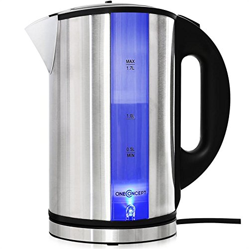 oneConcept SS17 Bouilloire design sans fil - Théière électrique (1,7 L, 2200W, pivotante 360°) - Effet lumineux argent