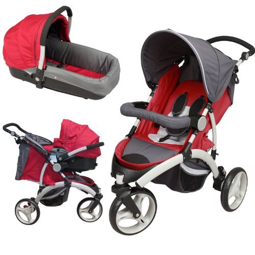 Poussette 3 roues combiné 2en1 (poussette + nacelle auto landau) - Rouge, gris Poussette 3 roues combiné 2en1 (poussette + nacelle auto landau) - Rouge, gris