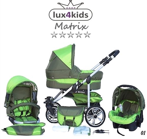 Chilly Kids Matrix II 3 en 1 Poussette Combinée (siège auto inclus les adaptateurs, habillage pluie, moustiquaire, roues pivotantes 62 couleurs) 01 olive & vert Chilly Kids Matrix II 3 en 1 Poussette Combinée (siège auto inclus les adaptateurs, habillage pluie, moustiquaire, roues pivotantes 62 couleurs) 01 olive & vert