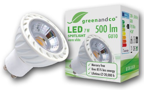 greenandco® Spot à LED GU10 / 7W / 500lm / 2700K (blanc chaud) / COB LED / Angle de diffusion 60° / 230V AC / Aluminium plastifié greenandco® Spot à LED GU10 / 7W / 500lm / 2700K (blanc chaud) / COB LED / Angle de diffusion 60° / 230V AC / Aluminium plastifié