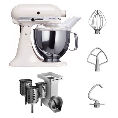 KitchenAid KSM150PSEWH + MVSA KitchenAid 5KSM150PSEWH Robot culinaire Artisan avec accessoires pour tranchoir/râpe à 3 cylindres (Blanc) (Import Allemagne)