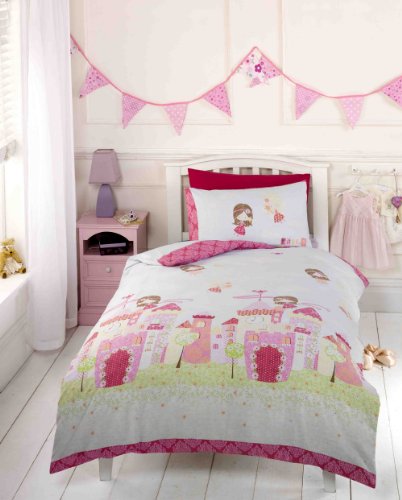 Parure de lit avec couette pour petites filles motif château de conte de fées Rose Parure de lit avec couette pour petites filles motif château de conte de fées Rose