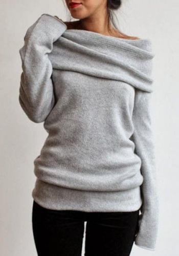 Elégant Slash gris manches longues col Pull Tricots pour les femmes