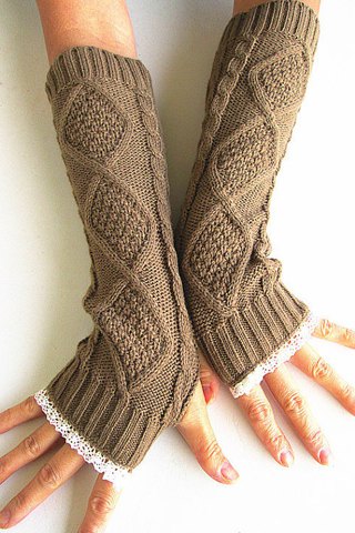 Pair of Stylish Rhombus and Lace Edge Embellished Knitted Fingerless Gloves For Women Pair of Stylish Rhombus and Lace Edge Embellished Knitted Fingerless Gloves For Women