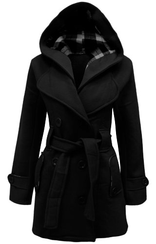 Cexi Couture - Manteau Longue Femme Bouton Ceinturé Capuche - Noir, 42