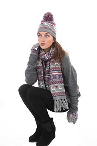 Ensemble d'Hiver Écharpe Gants Bonnet Tricoté Motif Jacquard Renne Femme (Gris) Ensemble d'Hiver Écharpe Gants Bonnet Tricoté Motif Jacquard Renne Femme (Gris)