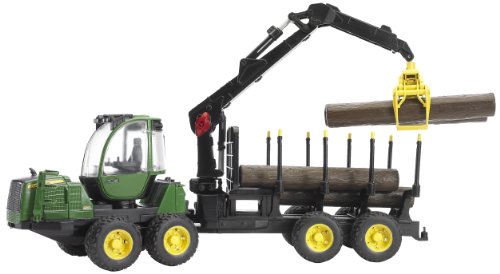 Bruder - 2133 - Vehicule Miniature - Porteur Forestier - John Deere 1210E avec Chargeur - Remorque Forestiere et Rondins de Bois Inclus