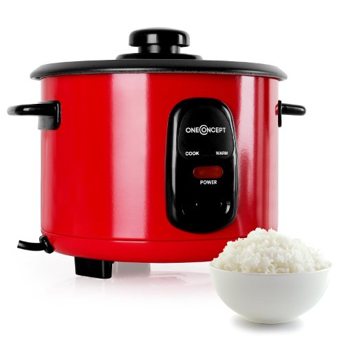 oneConcept Osaka 1 - Cuiseur à riz electrique de 400W avec fonction rechaud (capacite 1L, cuiller et gobelet doseur inclus, arret automatique) - rouge
