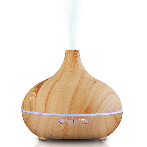 VicTsing 300ml Diffuseur d'Huiles Essentielles Aromathérapie/Humidificateur Portable Ultrasonique Brume Fraîche Arôme/Diffuseur de Parfum/Humidificateur Grain du Bois avec Prise UE Lumière LED Couleurs Changeantes pour SPA,Yoga,Maison,Bureau