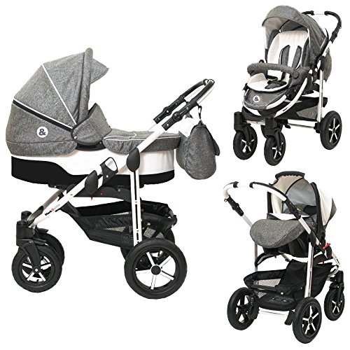 Poussette Combinée Trio 3 en 1 B&W Gris / Blanc - Landau, poussette promenade, siège auto Groupe 0/0+ - Livrée avec ses accessoires.