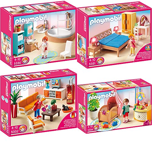 PLAYMOBIL® maison de poupées set en 4 parties 5330 5331 5332 5334 Salle de bains avec baignoire et pare-douche + Chambre des parents avec coiffeuse + Salon avec cheminée + Chambre de bébé avec berceau PLAYMOBIL® maison de poupées set en 4 parties 5330 5331 5332 5334 Salle de bains avec baignoire et pare-douche + Chambre des parents avec coiffeuse + Salon avec cheminée + Chambre de bébé avec berceau
