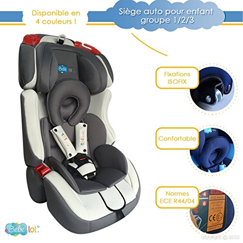 Siège auto ISOFIX évolutif Bébélol ® pour enfant groupe groupe 1+2+3 normes ECE R44/04 , top confort Marque francaise (Gris)