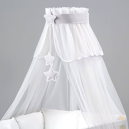 Ciel de lit bébé avec son support flèche de lit bébé. Taille M baldaquin voile lit bébé. Blanc Etoiles Gris