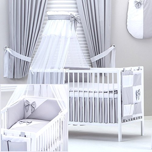 BB-CAMARADE - Set 5 pcs de linge de lit bébé standard: tour de lit, ciel de lit, flèche, drap housse. Gris Perle Bébé Chic