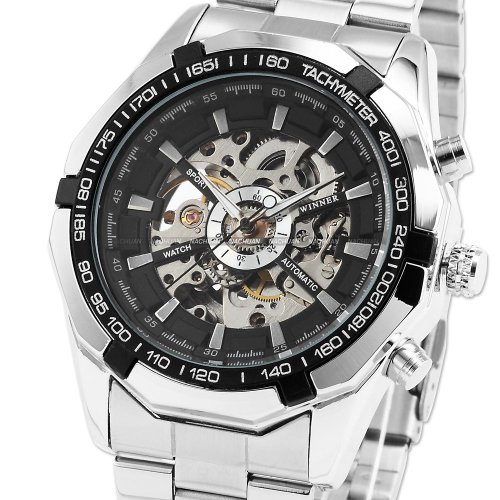 Lunette Noire Squelette Hommes Dial en acier inoxydable auto-liquidation m&eacute;canique automatique Montre WM257