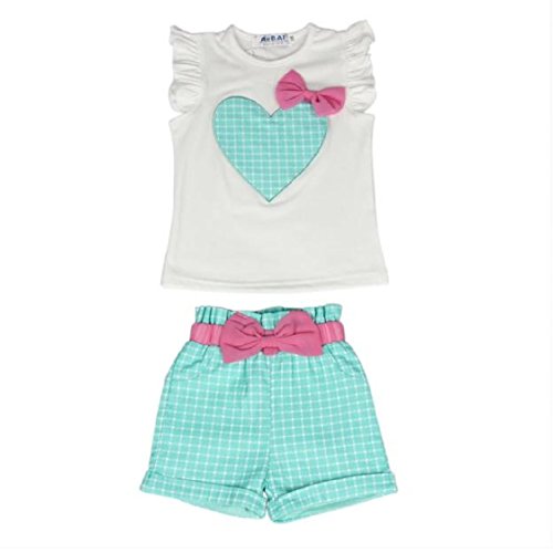 Vovotrade Enfants Girls Love Coeur Bow T-shirt Vest Bow Plaid Shorts Set V&ecirc;tements &lpar;Size&colon;100&comma; Vert&rpar;