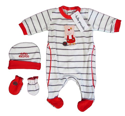 TUTTO PICCOLO "Funny Bear" mixte bébé ensemble grenouillère bonnet gants rayures velours (blanc/rouge) TUTTO PICCOLO "Funny Bear" mixte bébé ensemble grenouillère bonnet gants rayures velours (blanc/rouge)