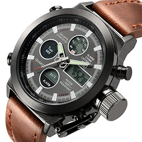 Affute Montre à quartz de sport étanche LED pour homme analogique et numérique en cuir montre militaire