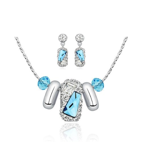 Cadeau Saint Valentin - Blue Pearls-Parure Collier et Boucles d'oreilles Finesse en Cristal de Swarovski Elements Bleu et Plaqué Rhodium-CRY E221-E322 J