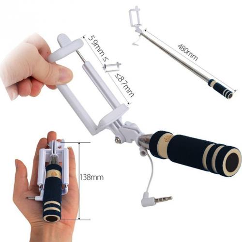 Extendable Wired Remote Shutter Handheld Selfie Stick Monopod For iPhone Samsung
