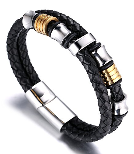 Halukakah «HONNEUR» :Le Bracelet de l'homme en Cuir Véritable avec les Bouttons Dorés & Argents ,8.46 "/ (21.5 cm )* Seulement Vendu par Halukakah-EU