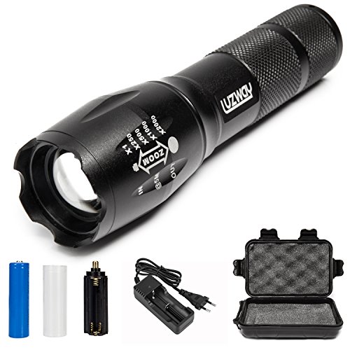 LUZWAY Kit Puissant Torche Lampe de Poche LED XML-T6 Avec 2200 mAh 18650 Rechargeable + chargeur avec certificat CE et Rohs, Étanche, 5 Modes de Zoom Réglable, para Randonnée à Vélo, Camping, Escalade, Pêche et Autres Sports de Plein Air LUZWAY Kit Puissant Torche Lampe de Poche LED XML-T6 Avec 2200 mAh 18650 Rechargeable + chargeur avec certificat CE et Rohs, Étanche, 5 Modes de Zoom Réglable, para Randonnée à Vélo, Camping, Escalade, Pêche et Autres Sports de Plein Air