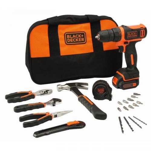 BLACK & DECKER Perceuse visseuse sans fil 10,8 V avec outillage à main et sac de transport BLACK & DECKER Perceuse visseuse sans fil 10,8 V avec outillage à main et sac de transport