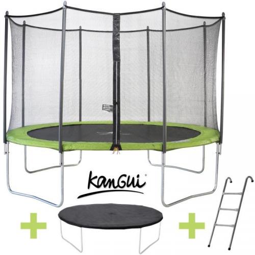 KANGUI Mega Pack Trampoline 365 cm avec accessoires TWIN DUO Vert (Echelle, Couverture propreté et Filet de Protection)
