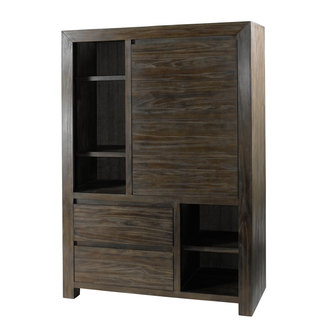 Armoire 1 porte 2 tiroirs teck massif teinté grisé L120xP45xH175cm COSMOS Armoire 1 porte 2 tiroirs teck massif teinté grisé L120xP45xH175cm COSMOS