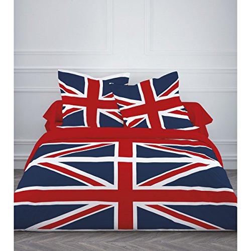 Parure de lit 4 pièces ? DRAPEAU UK UNION JACK ANGLAIS ? Housse de couette double 2 personnes + Drap housse + 2 taies d'Oreiller ? 240 x 220 cm ? VOYAGE LONDRES ? UK British Duvet Cover