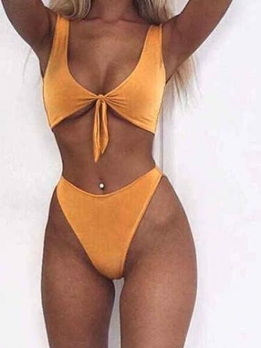 Knotted Plunging Neck Bikini Set 
