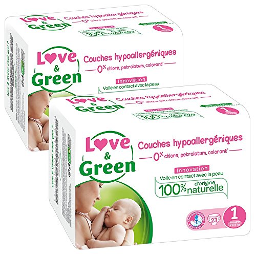 Love & Green - Couches B&eacute;b&eacute; Hypoallerg&eacute;niques 0&percnt; - Taille 1 &lpar;2-5 kg&rpar; - Lot de 2 x 23 couches &lpar;46 couches&rpar;