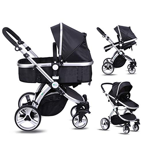 Amzdeal 2 en 1 Poussette pour b&eacute;b&eacute; de 0-3 ans avec Inclinaison du si&egrave;ge et capote r&eacute;glable&comma; Landau poussette pliable &agrave; 4 roues et nacelle b&eacute;b&eacute; pour promenade&comma; voyage